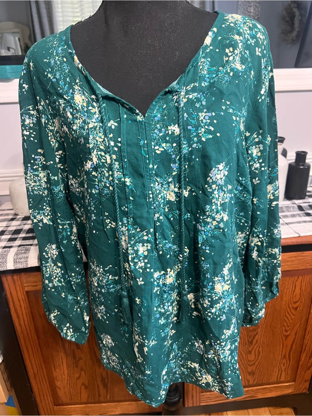 Women's Teal Floral Boho Peasant Top - Lightweight V-Neck Blouse